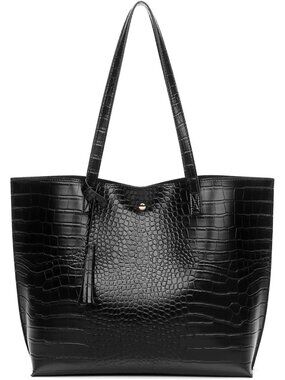 Women's Black-cro Soft Faux Leather Tassel Style Handbag Tote Shoulder Bag